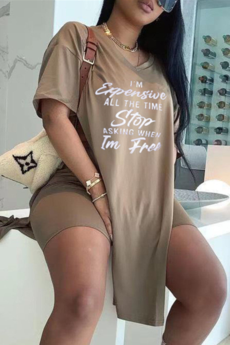 Fashion Casual Letter Print Slit V Neck Short Sleeve Two Pieces