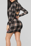 Casual Grids Printed Black Blending Two-piece Skirt Set