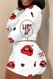 Polyester Sweet Lips Print Straight Long Sleeve Two Pieces