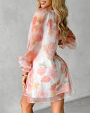 Floral Print Long Sleeve Sheer Mesh Casual Dress