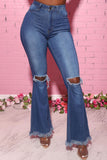 Street Solid Ripped Split Joint High Waist Denim Jeans