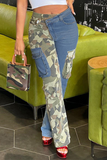 Casual Camouflage Print Patchwork Mid Waist Straight Denim Jeans