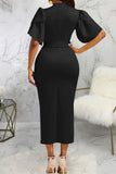 Casual Work Solid Bandage Patchwork O Neck One Step Skirt Dresses