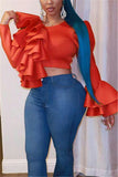 Fashion Sexy Solid Red Long Sleeve Top