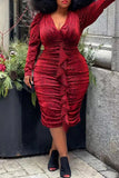 Fashion Casual Solid Split Joint V Neck Long Sleeve Plus Size Dresses
