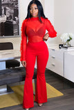 venetian Casual Mesh ruffle Two Piece Suits perspective Solid Loose Long Sleeve  Two-piece Pants Set