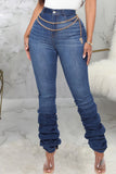 Casual Solid Split Joint Fold High Waist Regular Denim Jeans(Without Belt)