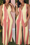 Sexy Striped Printed Yellow Pink Sleeveless Jumpsuit