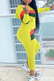 Fashion Stitching Long Sleeve Top Yellow Sports Suit