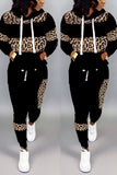 Fashion Patchwork Hooded Long Sleeve Black Leopard Two-Piece Suit