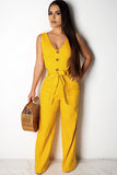 Sexy Fashion Hollow Solid Patchwork Button Polyester Sleeveless Slip  Jumpsuits