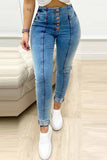 Casual Solid Patchwork Buckle High Waist Skinny Denim Jeans