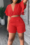 Casual Solid Split Joint Flounce V Neck Short Sleeve Two Pieces