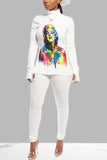 Fashion Long Sleeve Split White Print Two Piece Suit