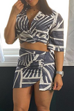Sexy Print Split Joint V Neck Short Sleeve Two Pieces