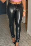 Casual Faux Leather Solid Bandage Skinny BOTTOMS