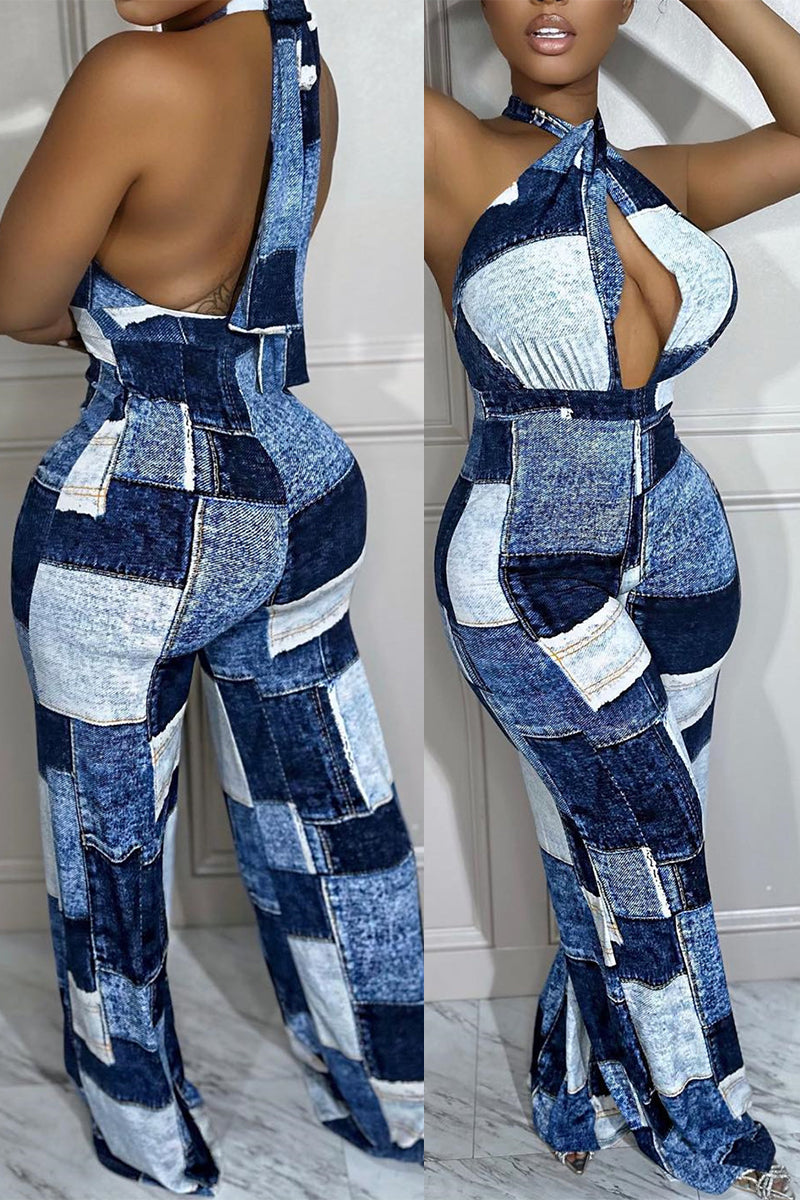 Sexy Casual Simplicity Print Bandage Backless Halter Skinny Jumpsuits
