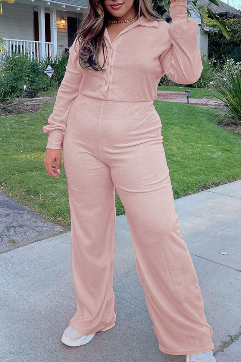 Casual Solid Split Joint Buckle Turndown Collar Plus Size Jumpsuits