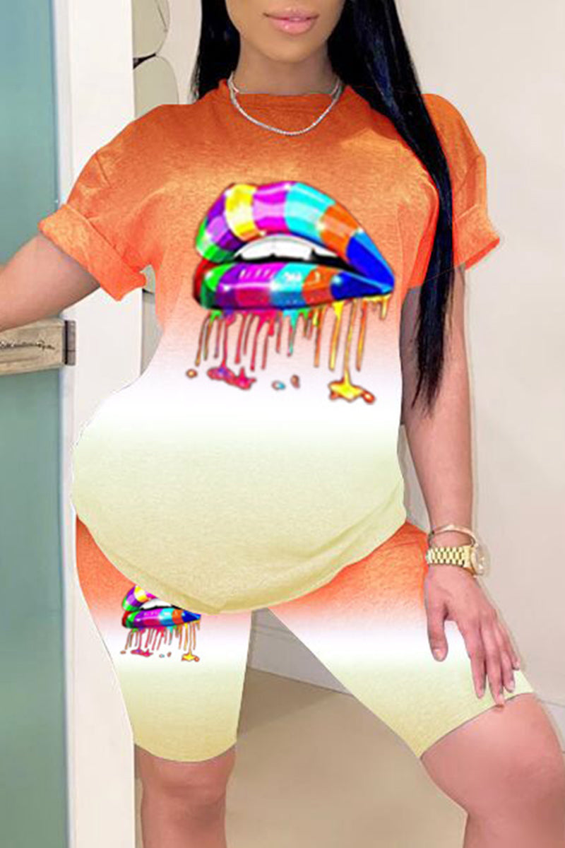 Fashion Casual Gradual Change Lips Printed Basic O Neck Short Sleeve Two Pieces