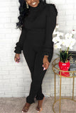 Fashion Casual Solid Color Black Long Sleeve Two-Piece Suit