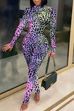Sexy Print Leopard Split Joint O Neck Regular Jumpsuits