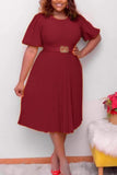 Fashion Casual Plus Size Solid With Belt O Neck Pleated Dress