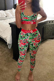 Sexy Printed Sleeveless Top Trousers Red Set