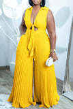 Casual Solid Hollowed Out Frenulum Pleated V Neck Regular Jumpsuits