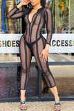 Sexy Solid Mesh V Neck Skinny Jumpsuits
