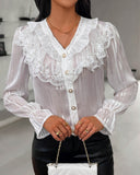 Buttoned Lace Trim Bell Sleeve Top