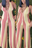 Sexy Striped Printed Yellow Pink Sleeveless Jumpsuit