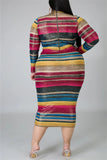 Fashion Striped Printe Multicolor Plus Size Dress