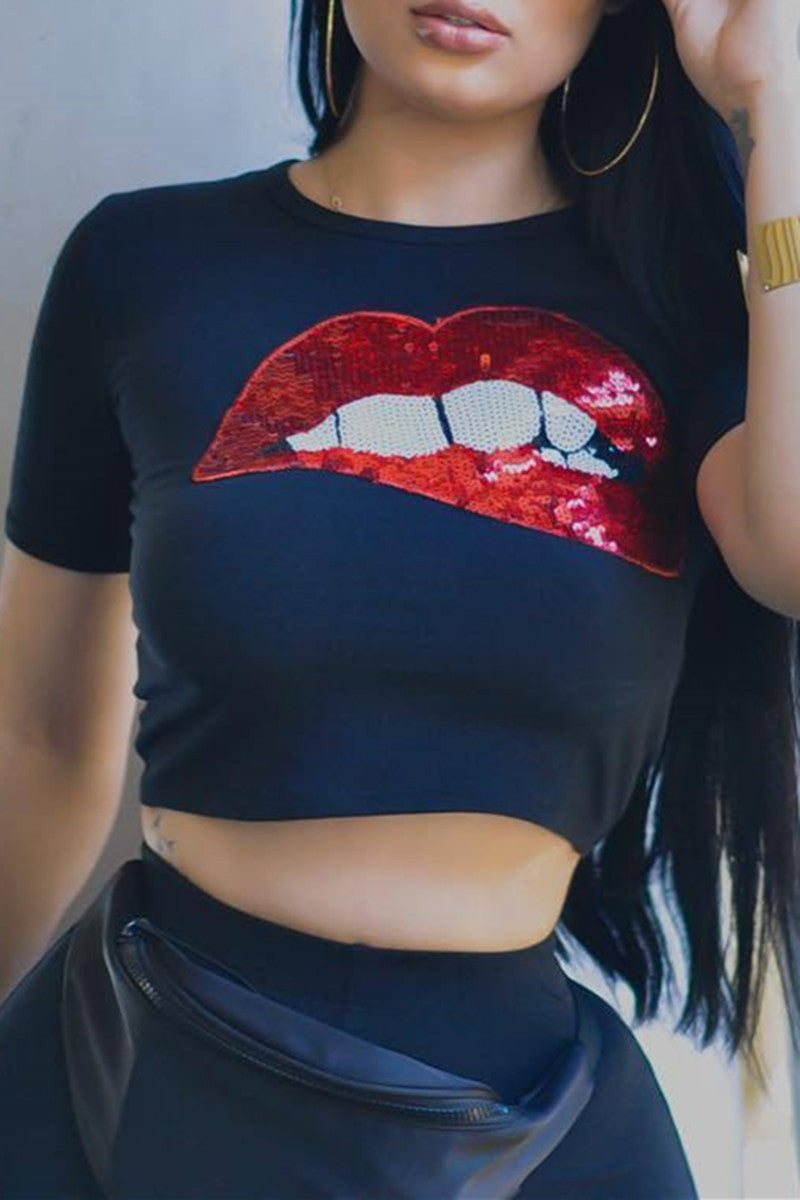 Fashion Casual Lips Printed Basic O Neck T-Shirts