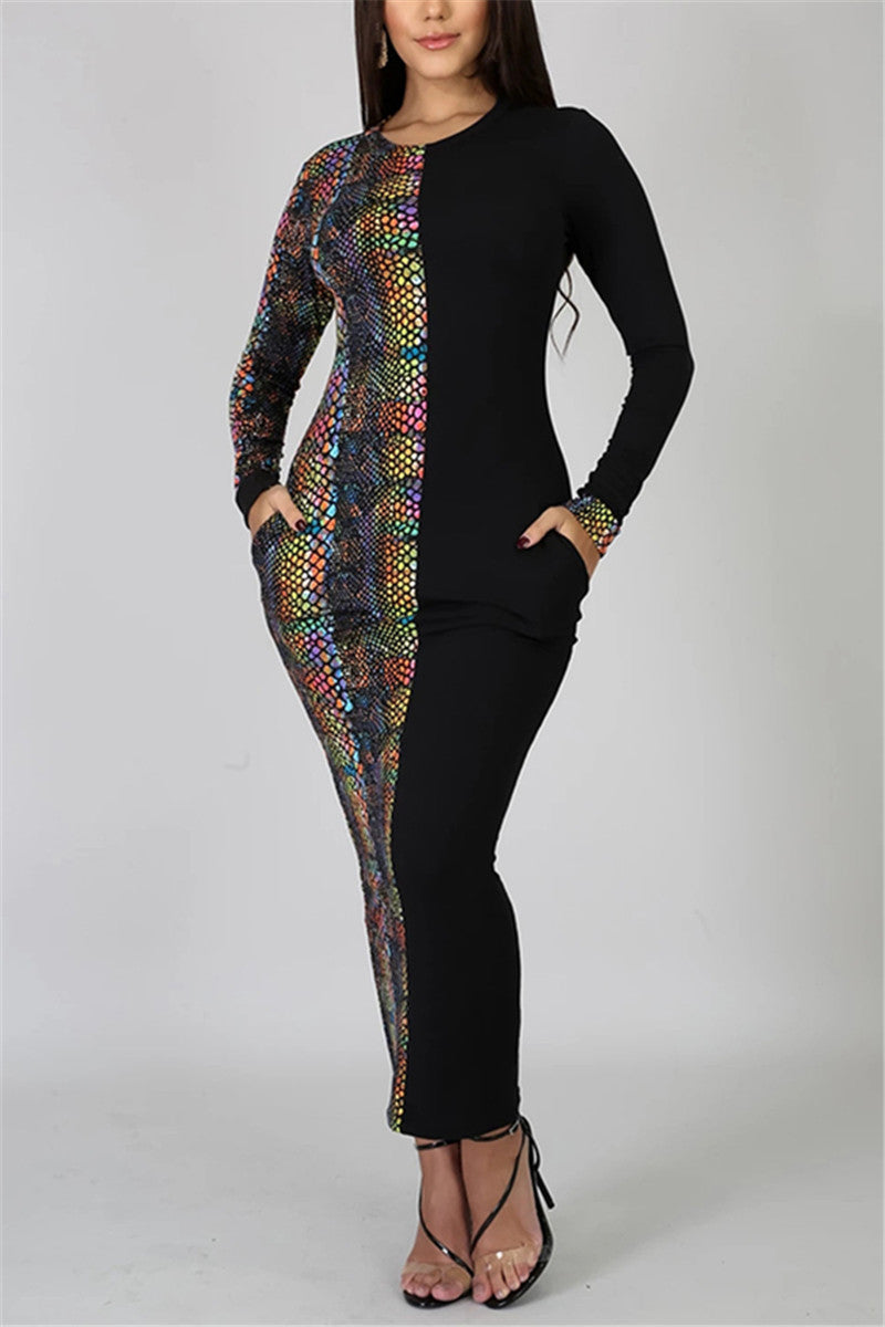 Fashion Sexy Snake Stitching Black Long Sleeve Dress