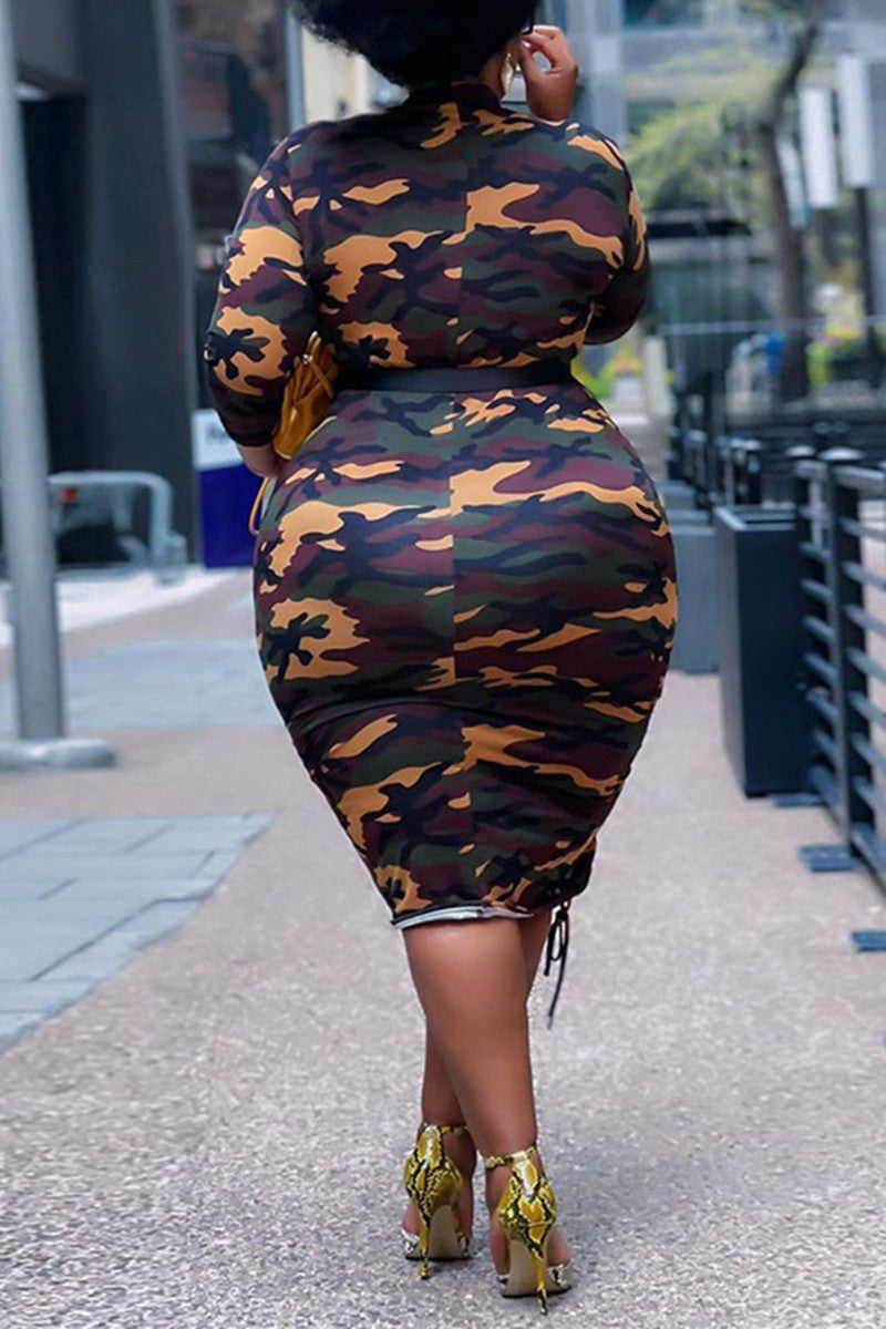 Fashion Casual Plus Size Camouflage Print Without Belt O Neck Long Sleeve Dresses