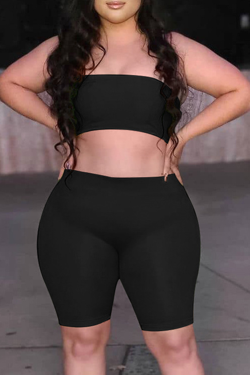 Sexy Solid Split Joint Strapless Plus Size Two Pieces