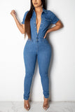 Fashion Casual Short Sleeved Light Blue Jumpsuit