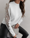 Contrast Sequin Beaded Sheer Mesh Patch Knit Sweater