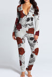 Casual Print Split Joint Buttons V Neck Skinny Jumpsuits