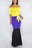 Fashion Casual Collar Short Sleeve Stitching Yellow Dress
