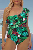 Fashion Sexy Print Backless One Shoulder Plus Size Swimwear (With Paddings)