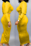 Casual Solid Color O Neck Long Sleeve Yellow Skirt Suit