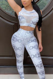Sexy Printed Sleeveless Top Trousers Gray Set