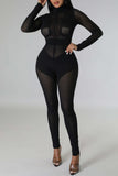 Casual Solid Patchwork See-through Turtleneck Skinny Jumpsuits