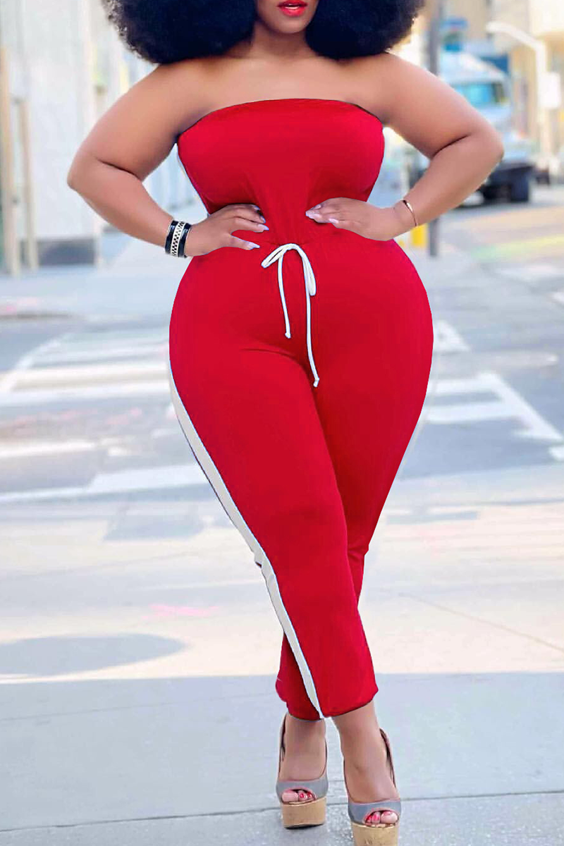 Casual Solid Split Joint Strapless Plus Size Jumpsuits