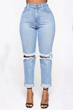 Street Solid Ripped Make Old Split Joint High Waist Straight Denim Jeans