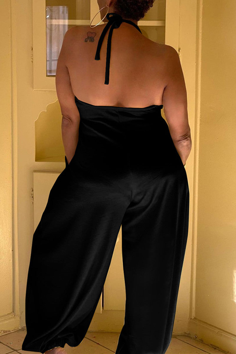 Sexy Casual Solid Pocket Backless Halter Regular Jumpsuits
