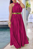 Casual Solid Pleated O Neck Long Dress (Without Belt)