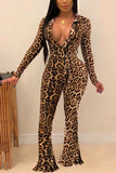 Fashion Sexy Adult Twilled Satin Leopard With Belt Turndown Collar Boot Cut Jumpsuits