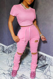 Fashion Casual Short Sleeve T-shirt Trousers Pink Set